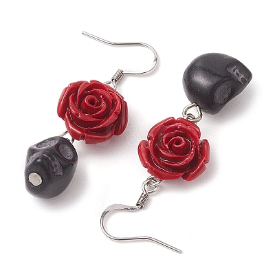 Halloween Synthetic Coral Red Flower & Synthetic Turquoise Black Skull Dangle Earrings EJEW-JE06069-S-1