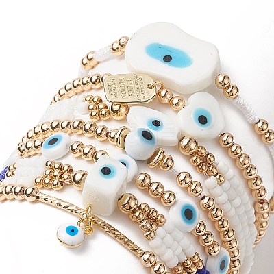 7Pcs 7 Style Evil Eye Lampwork & Glass Seed & Brass Beaded Stretch Bracelets Set for Women BJEW-JB09249-02-1