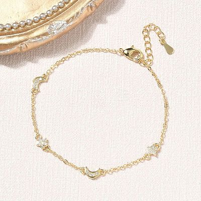 Brass Micro Pave Clear Cubic Zirconia Moon Star Link Chain Bracelets KK-CBA6980-28G-1