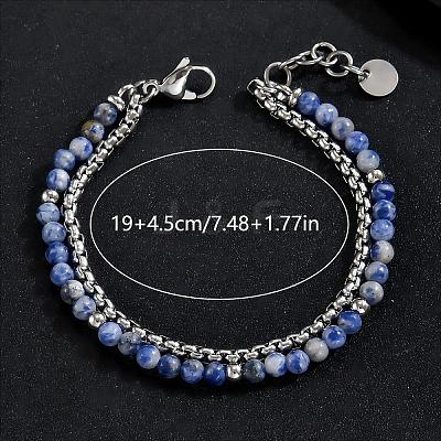 Natural Blue Spot Jasper Round Beaded 2-Strand Bracelets with 201 Stainless Steel Box Chains for Men Women EI8345-4-1