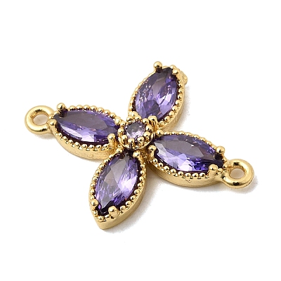 Brass Pave Cubic Zirconia 4-Petal Flower Connector Charms X-KK-A296-46A-G-1