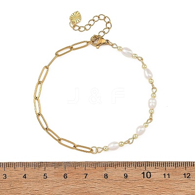 Natural Pearl Two Sides Polished Beaded Chain Bracelets with 304 Stainless Steel Paperclip Chains BJEW-JB14234-03-1