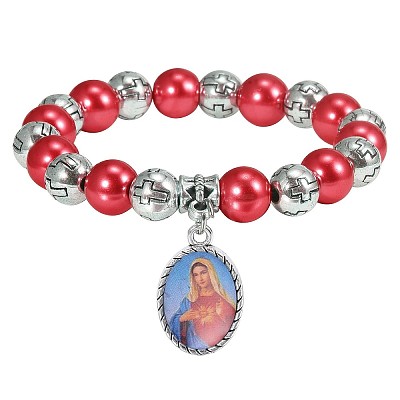 Religion Virgin Charm Alloy and Plastic Round Beaded Stretch Bracelets WG9840E-02-1