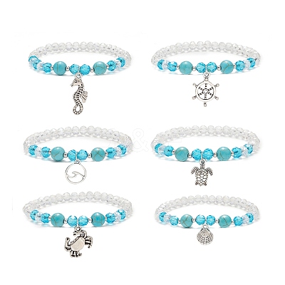 6Pcs 6 Style Synthetic Turquoise & Glass Beaded Stretch Bracelets Set BJEW-JB08995-1