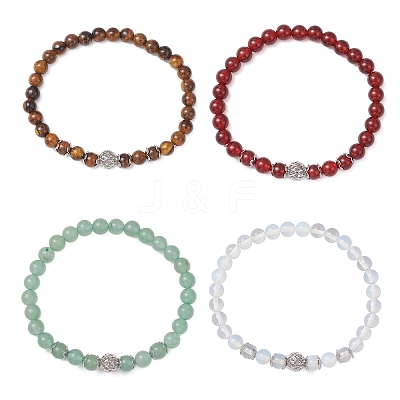 4Pcs 4 Styles Opalite & Natural Tiger Eye & Green Aventurine & Carnelian(Dyed & Heated) Cross Round Beaded Stretch Bracelet Sets for Men Women BJEW-JB12266-1