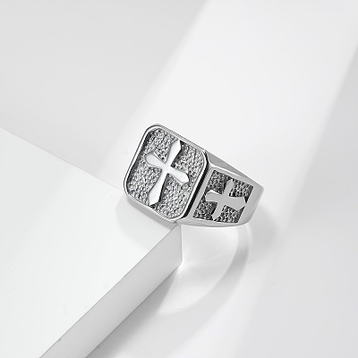 Square with Cross Pattern 304 Stainless Steel Finger Rings for Men FS-WGAC6B1-04-1