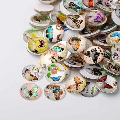Butterfly Printed Glass Half Round/Dome Cabochons GGLA-N004-12mm-C-1