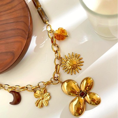 316L Surgical Stainless Steel & Resin Flower Moon Sun Pendant Bib Necklaces for Women WG4E0E9-01-1