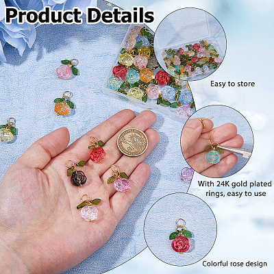50Pcs 10 Colors Rose Flower Transparent Glass Pendants PALLOY-HS00017-1