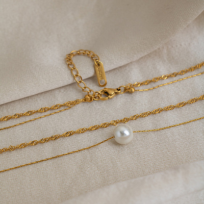 304 Stainless Steel Double Layer Necklaces with White Round Faux Pearl Pendants for Women KQ2558-1