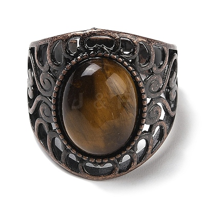Natural Tiger Eye Oval Adjustable Rings RJEW-K271-06R-22-1