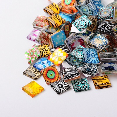 Mosaic Printed Glass Square Cabochons X-GGLA-N001-10mm-G-1