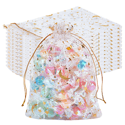 50Pcs Gold Stamping Moon & Star Organza Drawstring Gift Storage Bags OP-BBC0001-03C-01-1