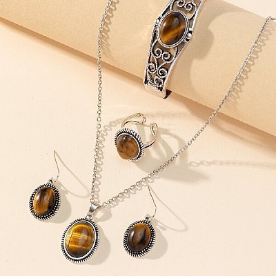 Oval Alloy with Natural Tiger Eye Pendant Necklaces & Dangle Earrings & Cuff Ring & Bangles Sets WG03D09-01-1