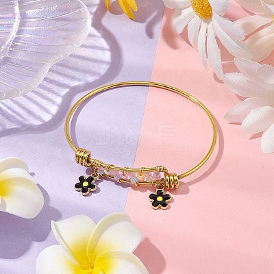 Glass Seed Beads & Stainless Steel Bangles with Black Flower for Women BJEW-JB10411-1