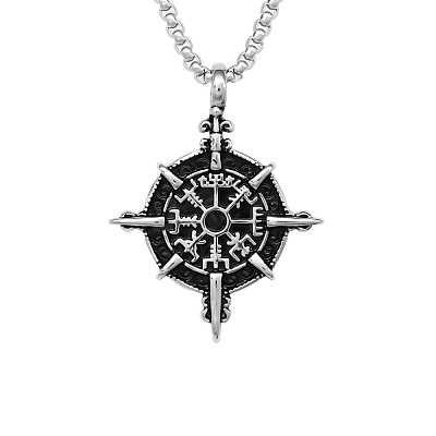 Vintage 304 Stainless Steel Viking Compass Pendant Necklaces for Men WG1D9FE-01-1