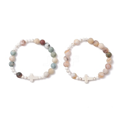 2Pcs Natural Bamboo Leaf Agate & Tree Agate & Magnesite & Synthetic Turquoise Stretch Bracelets for Women BJEW-JB12815-1
