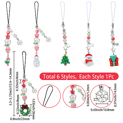 6Pcs 6 Styles Christmas Acrylic & Glass & Resin Mobile Straps HJEW-SC0002-97-1