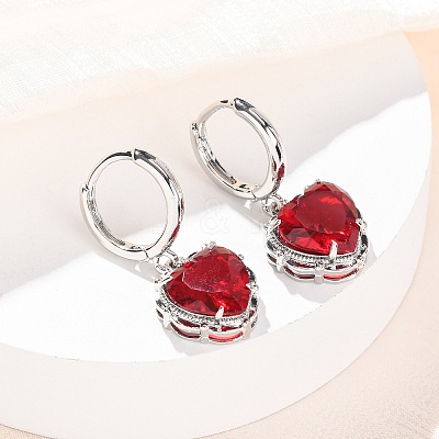 Valentine's Day Heart Brass & Glass Hoop Earrings EJEW-Z164-23P-1