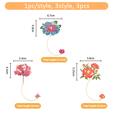 3Pcs 3 Styles Peony Flower Enamel Bookmarks AJEW-FH0004-51-1