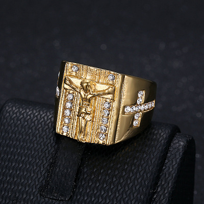 Cross with Jesus Pattern 304 Stainless Steel with Crystal Rhinestone Finger Rings for Men FS-WG78AD7-02-1
