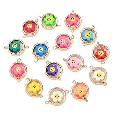 CCB Plastic Frame with Polymer Clay Smiling Face Flower Beads Flat Round Links Connector Charms KK-D103-10B-G-1