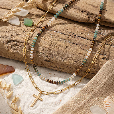 Stainless Steel Religion Cross Pendant Colorful Natural Mixed Gemstone Rondelle Beaded Double Layer Necklaces for Women KG2971-1