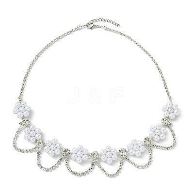 Plastic Pearl Beaded Flower Tassel Iron Crystal Rhinestone Tennis Bib Necklaces for Women NJEW-JN06129-1