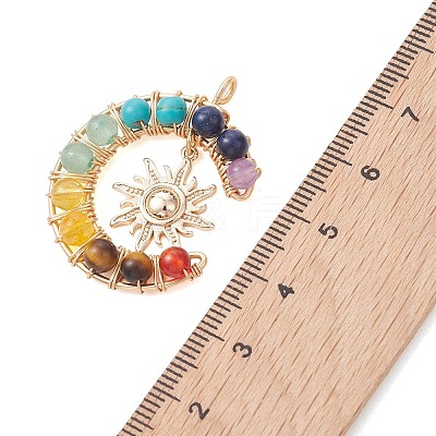 7 Chakra Round Mixed Stone Copper Wire Wrapped Moon Pendants PALLOY-TA00401-01-1