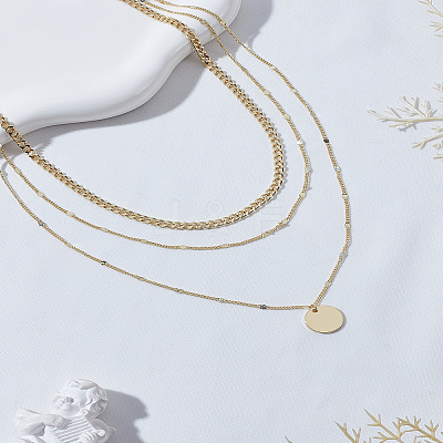 3Pcs Brass Disc Pendant 3 Layer Necklaces for Women NJEW-LP0009-31-1
