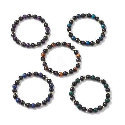 Round Natural Tiger Eye & Eyeless Obsidian & Non-Magnetic Synthetic Hematite Beads Stretch Bracelets for Women BJEW-JB12762-1