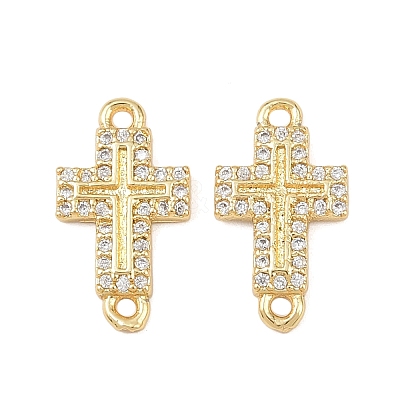 Cross Brass Micro Pave Clear Cubic Zirconia Connector Charms KK-P339-04G-1