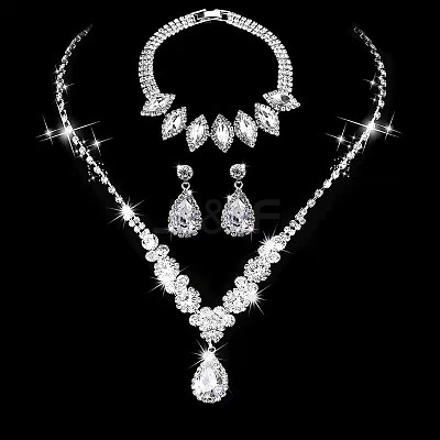 Brass Rhinestone Pendant Necklaces & Earring & Bracelets Sets for Women WG00284-04-1