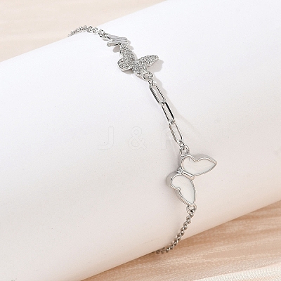Brass Micro Pave Clear Cubic Zirconia White Butterfly Link Bracelets KK-CBA6980-21P-1
