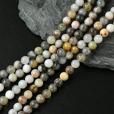 Natural Bamboo Leaf Agate Round Bead Strands G-M248-6mm-04-1