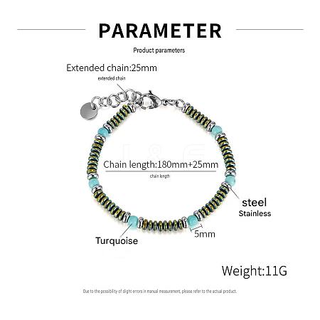 Round Synthetic Turquoise and 304 Stianless Steel Beaded Bracelets for Men Women EV7041-2-1