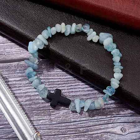 Natural Aquamarine Chips Stretch Bracelets for Women Men BJEW-JB11341-05-1