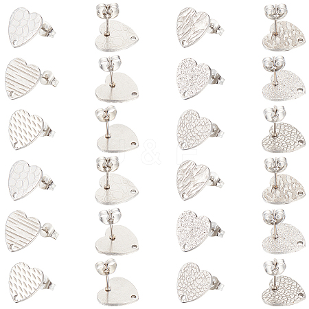 SOFPLATE 48Pcs 6 Styles Textured Heart 304 Stainless Steel Stud Earring Findings STAS-SP0001-48-1