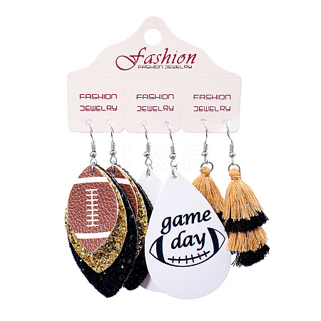 3 Pairs Alloy Imitation Leather Rugby Dangle Earrings FS-WG65883-05-1