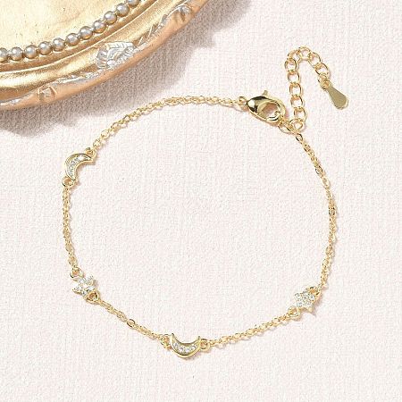 Brass Micro Pave Clear Cubic Zirconia Moon Star Link Chain Bracelets KK-CBA6980-28G-1