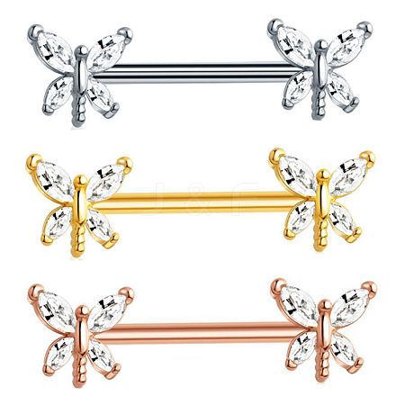 304 Stainless Steel Clear Cubic Zirconia Dragonfly Nipple Bar WG95A02-03-1