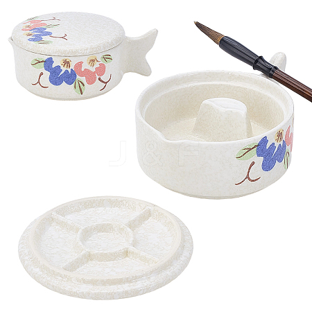 Fish Shape Ceramics Ink Plate with Handle DJEW-WH0027-05B-1