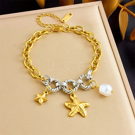 Duo Tone Ocean 304 Stainless Steel Sea Animals Charm Bracelets with Imitaiton Pearl for Women SA-CBA717A-06G-01-1