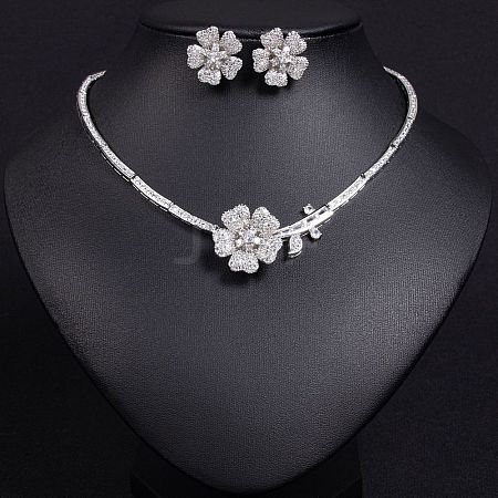 Flower Brass Micro Pave Cubic Zirconia Pendant Necklaces & Stud Earrings Sets WG63143-04-1