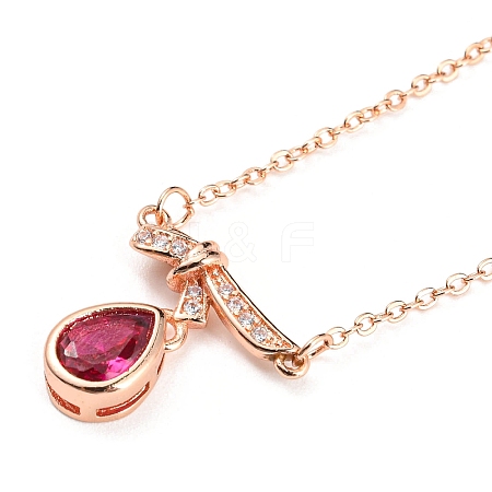 Bowknot with Teardrop Cubic Zirconia Pendant Necklace with Brass Cable Chains NJEW-F316-02RG-1