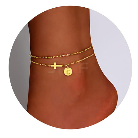 Brass Sideways Cross Link Anklets with Flat Round Initial Charms FS-WG12DAA-03-1