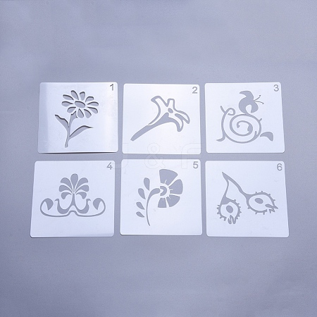  Jewelry Beads Findings Plastic Drawing Painting Stencils Templates, Flower Theme, White, 130x130x0.3mm, 6pcs/set