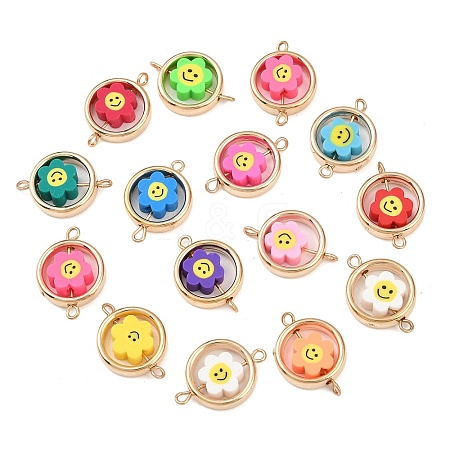 CCB Plastic Frame with Polymer Clay Smiling Face Flower Beads Flat Round Links Connector Charms KK-D103-10B-G-1