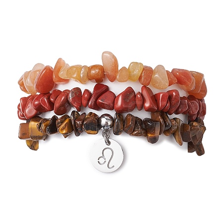 3Pcs 3 Styles Natural Red Aventurine & Red Jasper & Tiger Eye Chips Stretch Bracelets Sets BJEW-JB11076-07-1