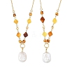 Rectangle Natural Baroque Keshi Pearl Pendant 304 Stainless Steel Natural Amber Rhombus Beaded Chain Necklaces NJEW-JN06664-2